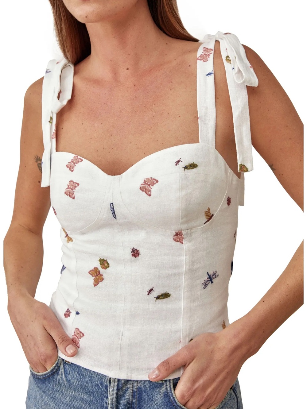 Reformation Jaxon Tie Shoulder Smocked Linen Top